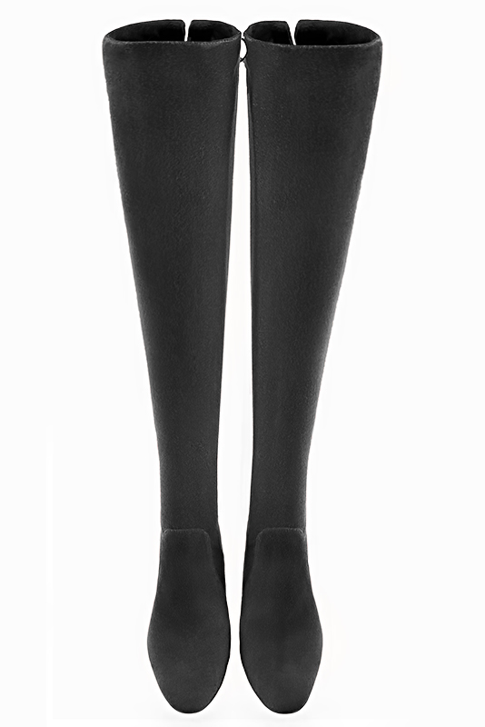Dark grey women's leather thigh-high boots. Round toe. Medium block heels. Made to measure. Top view - Florence KOOIJMAN